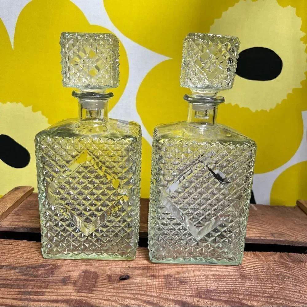 Pair of Two Vintage 1960s Diamond Accented Glass Decanters